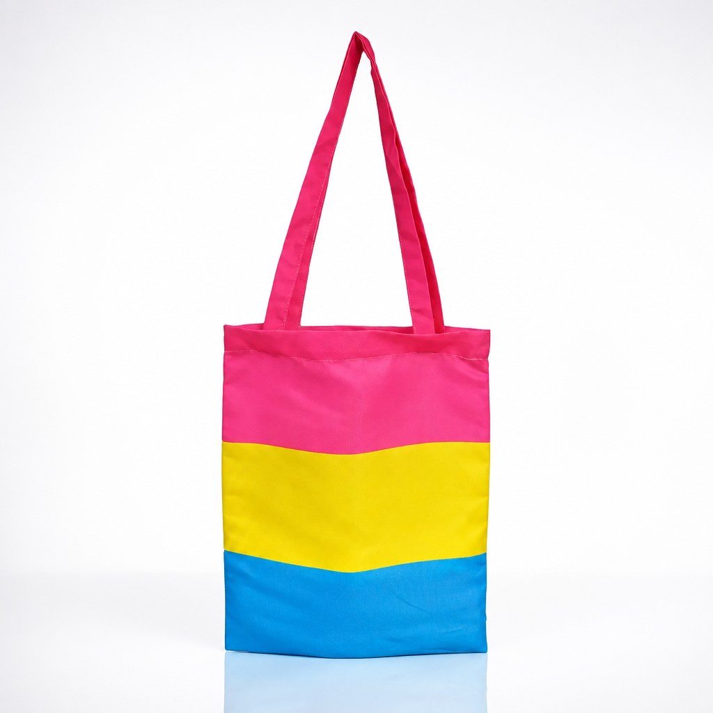 Pansexual Pride tote bag with pink yellow and blue flag stripes