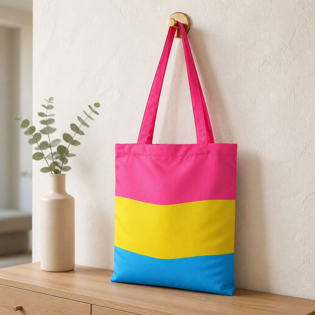 Pansexual Pride tote bag with pink yellow and blue flag stripes on a wooden table
