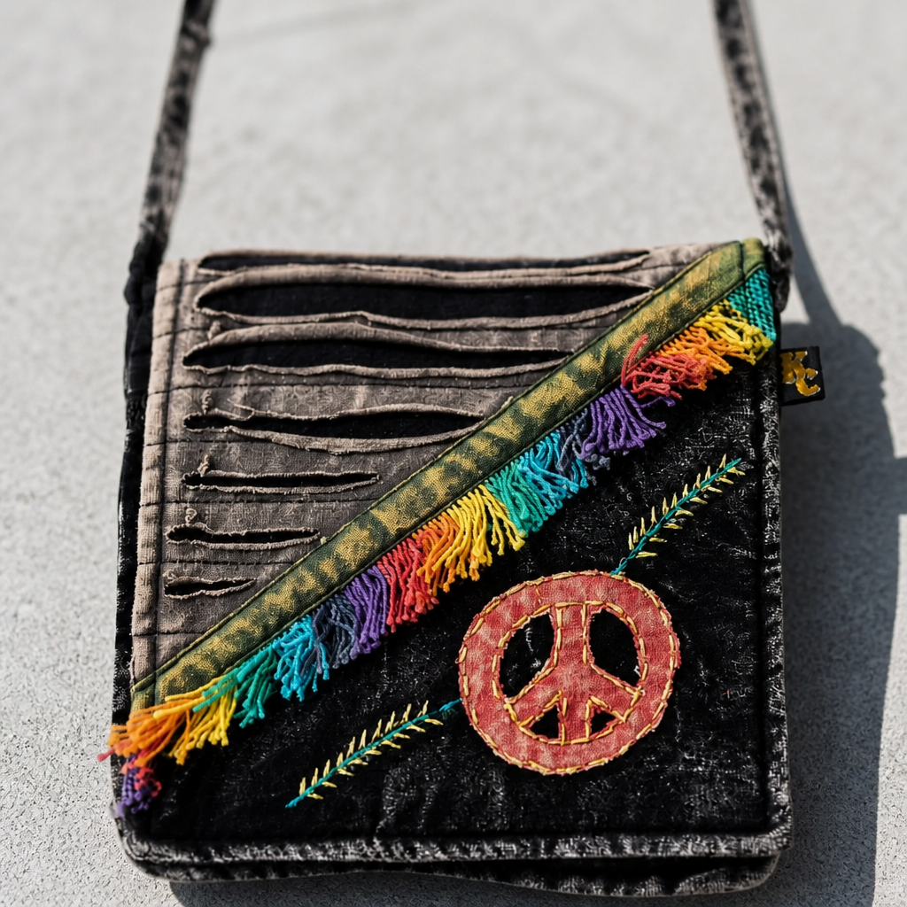 Vintage-inspired black crossbody bag featuring an embroidered peace sign, colorful rainbow fringe accents, and decorative razor-cut detailing on a concrete surface
