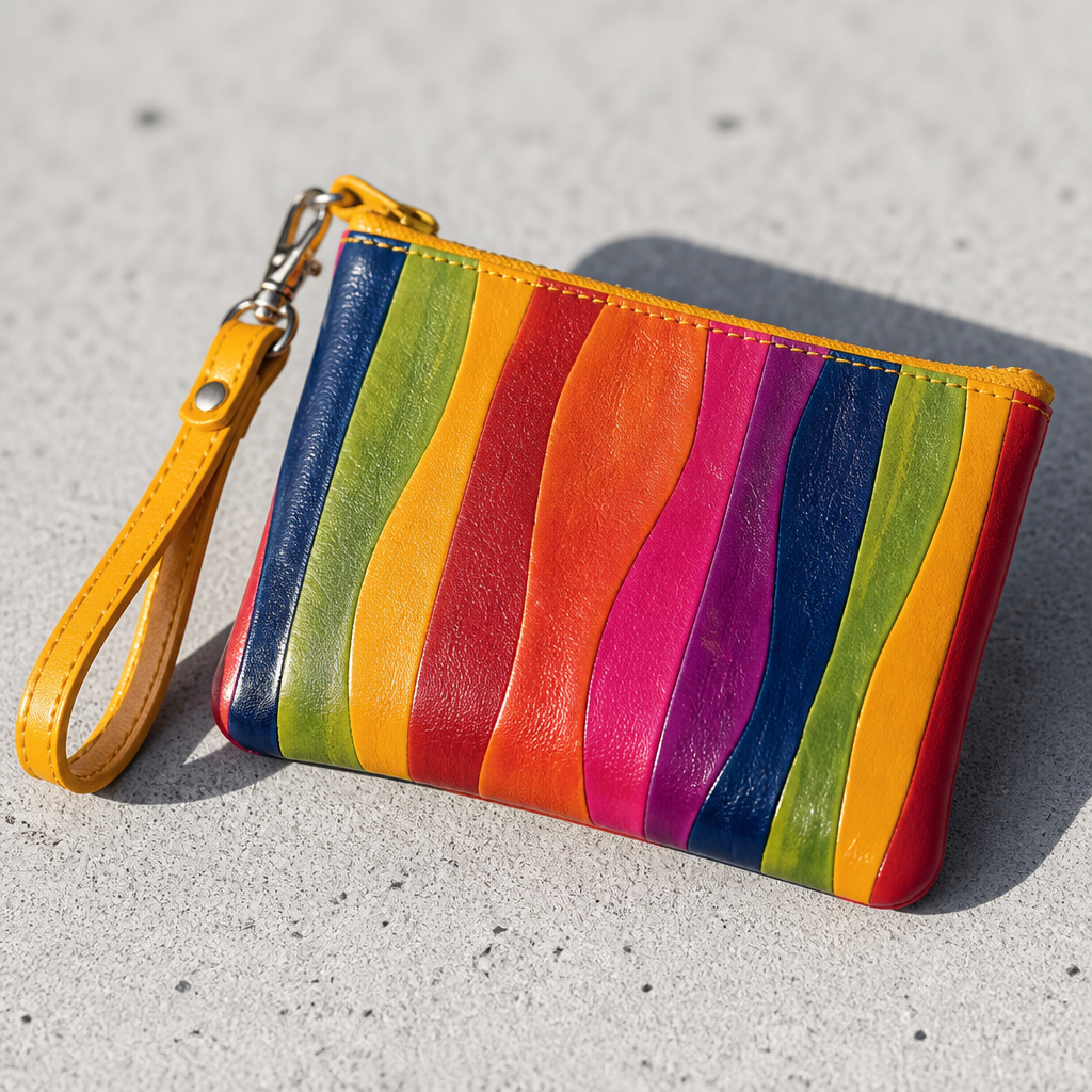 Small handcrafted rainbow leather wristlet featuring multiple zippered compartments and a removable wrist strap on a concrete surface