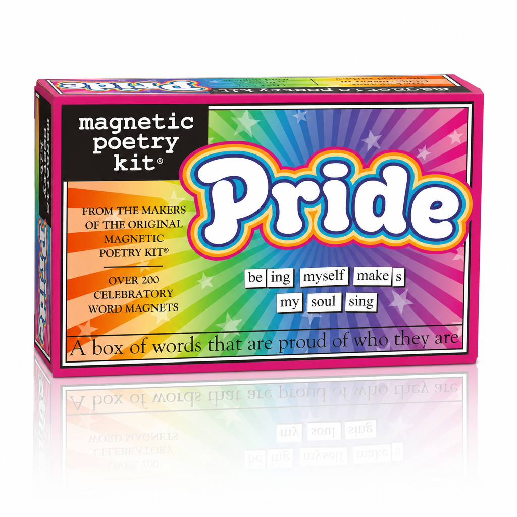 Pride Magnetic Poetry Kit featuring over 200 LGBTQ+ themed magnetic word tiles for creating poems, affirmations, and creative messages.