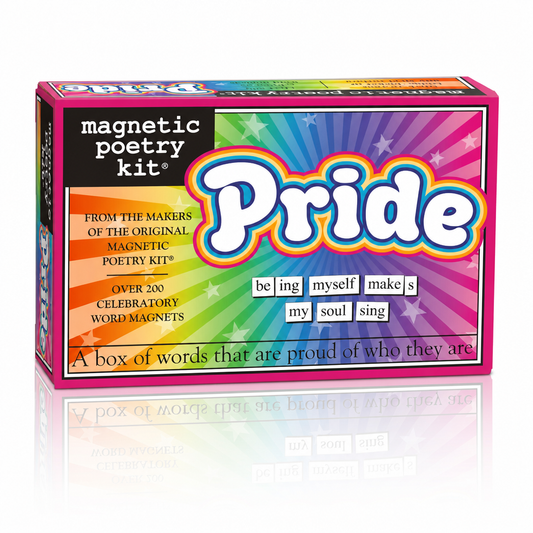 Pride Magnetic Poetry Kit featuring over 200 LGBTQ+ themed magnetic word tiles for creating poems, affirmations, and creative messages.