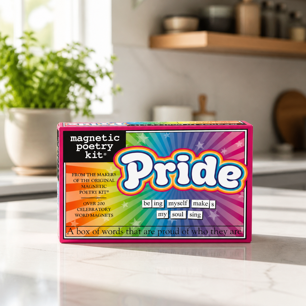 Pride Magnetic Poetry Kit featuring over 200 LGBTQ+ themed magnetic word tiles for creating poems, affirmations, and creative messages.