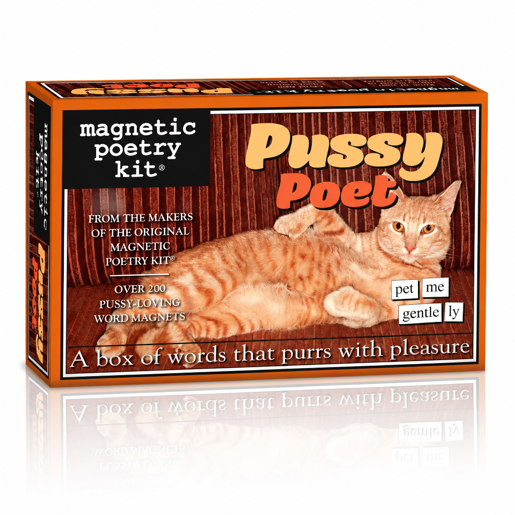 Pussy Poet Magnetic Poetry Kit featuring over 200 cat-themed magnetic word tiles with a playful orange cat on the package.