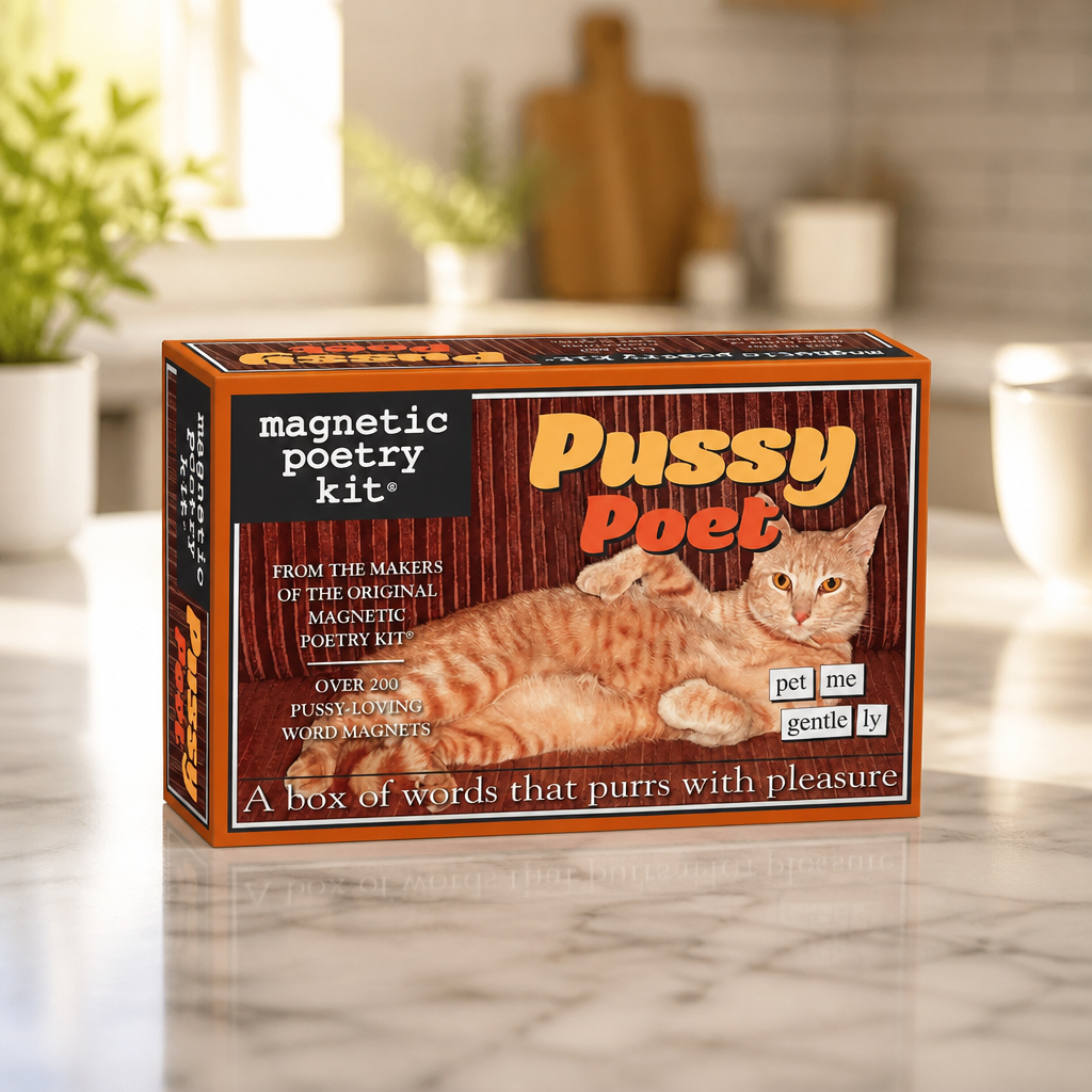 Pussy Poet Magnetic Poetry Kit featuring over 200 cat-themed magnetic word tiles with a playful orange cat on the package.