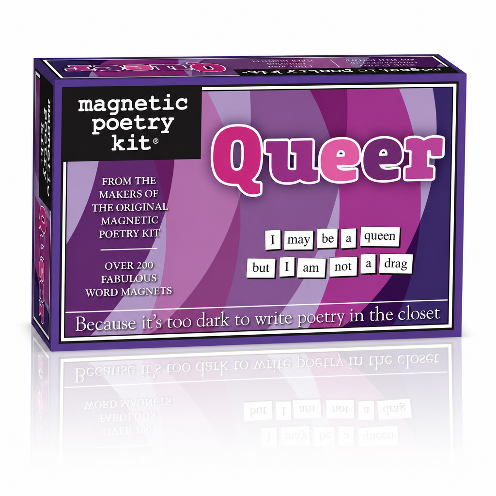 Queer Magnetic Poetry Kit featuring over 200 LGBTQ+ themed magnetic word tiles for creating poems, affirmations, and creative messages.