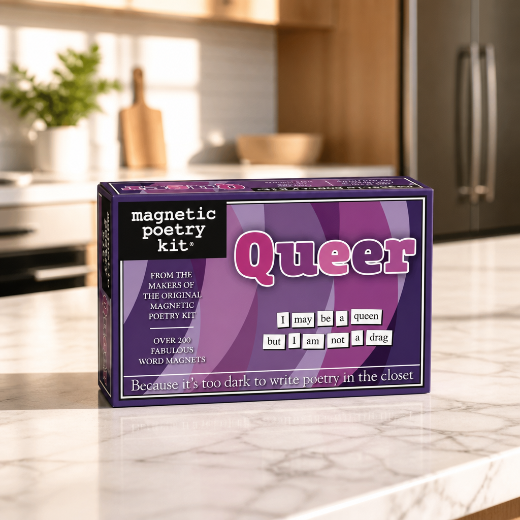 Queer Magnetic Poetry Kit featuring over 200 LGBTQ+ themed magnetic word tiles for creating poems, affirmations, and creative messages.