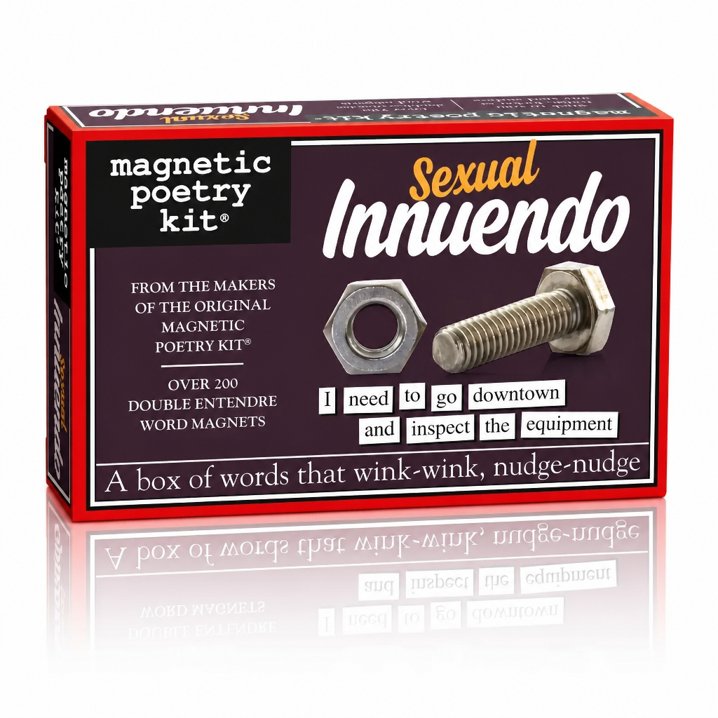 box packaging for Sexual Innuendo Magnetic Poetry Kit featuring over 200 magnetic word tiles for creating funny double entendres and playful messages.