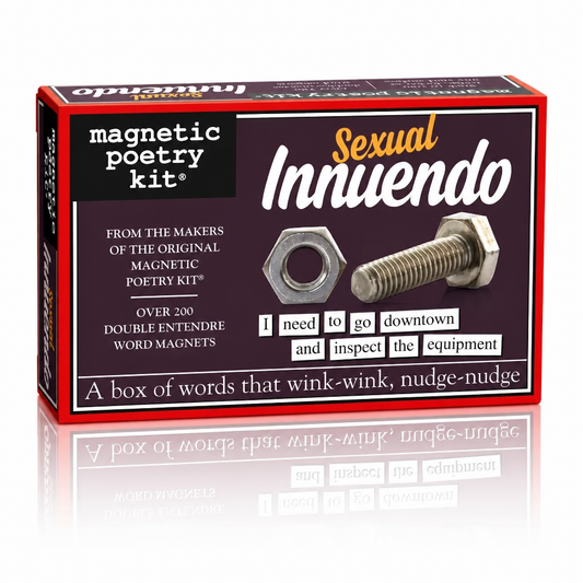 box packaging for Sexual Innuendo Magnetic Poetry Kit featuring over 200 magnetic word tiles for creating funny double entendres and playful messages.