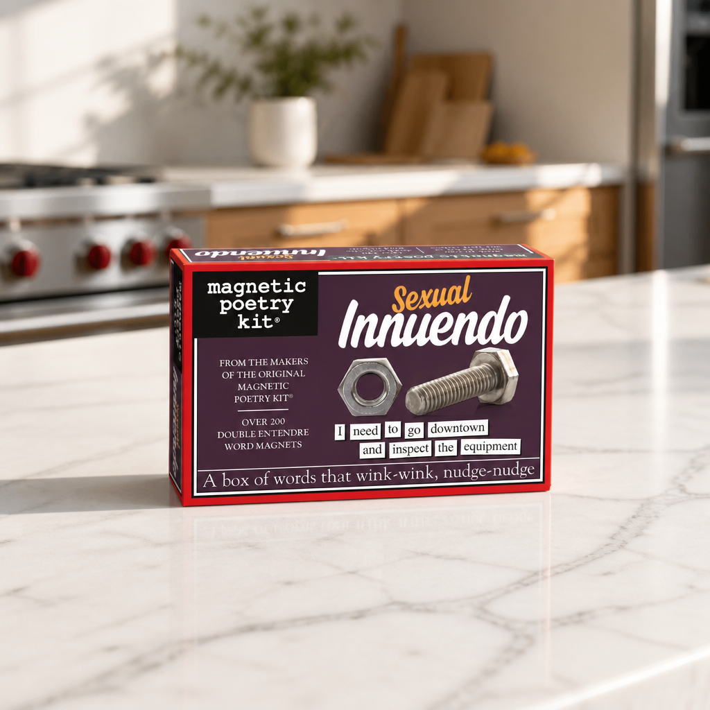 box packaging for Sexual Innuendo Magnetic Poetry Kit featuring over 200 magnetic word tiles for creating funny double entendres and playful messages.