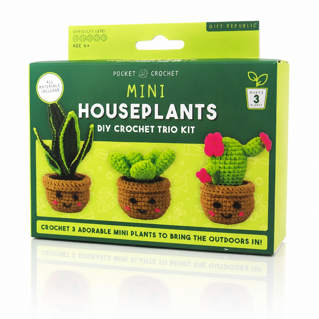DIY crochet kit for making three adorable mini houseplants with all materials included.