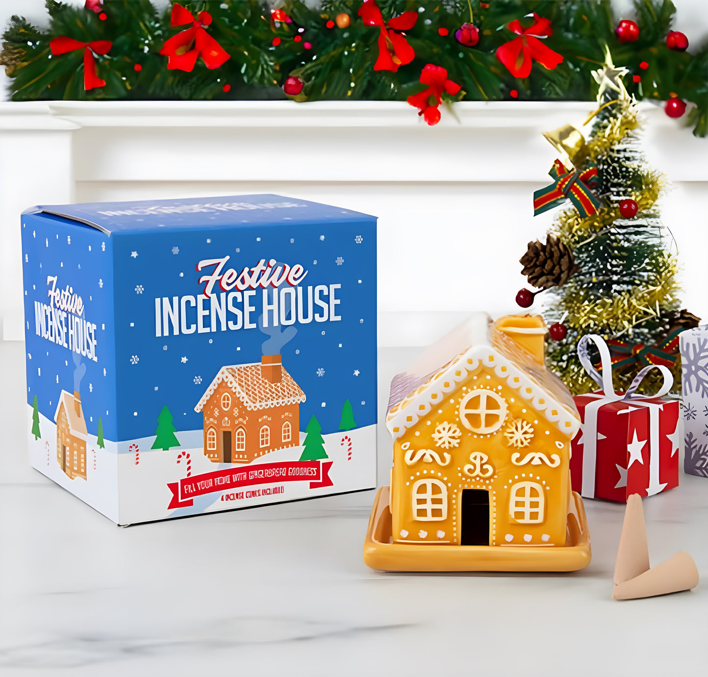 Ceramic gingerbread house incense burner with gingerbread incense cones creating smoke through the chimney.