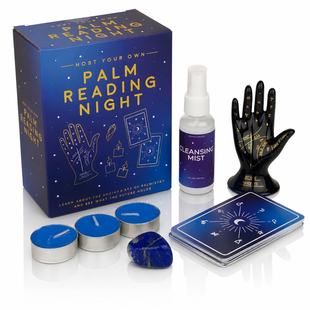 Palm Reading Party Kit with cards, candles, cleansing spray, palm guide, and accessories for hosting a mystical party.
