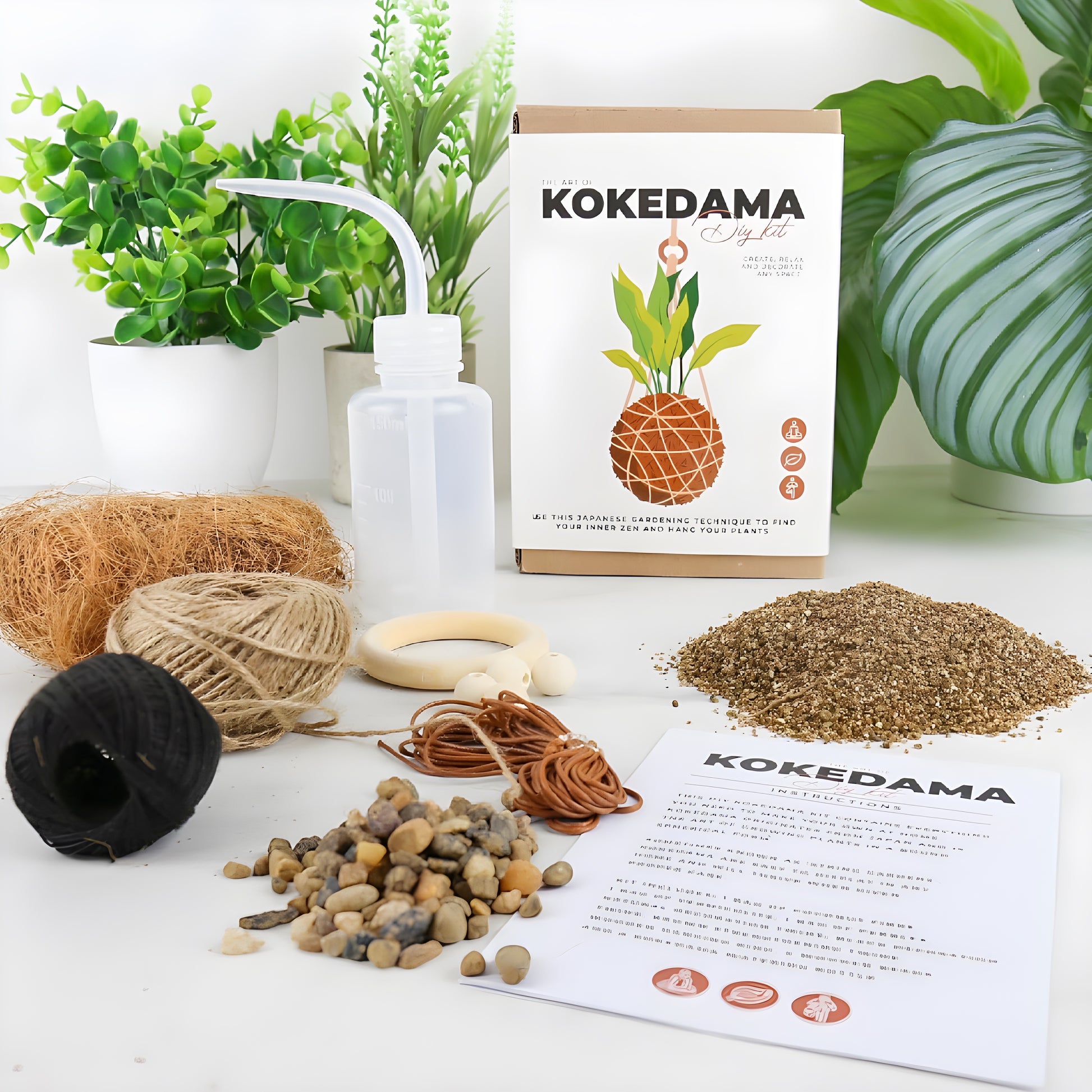 DIY Kokedama kit with moss, twine, growing materials, and instructions for creating a Japanese moss ball planter.