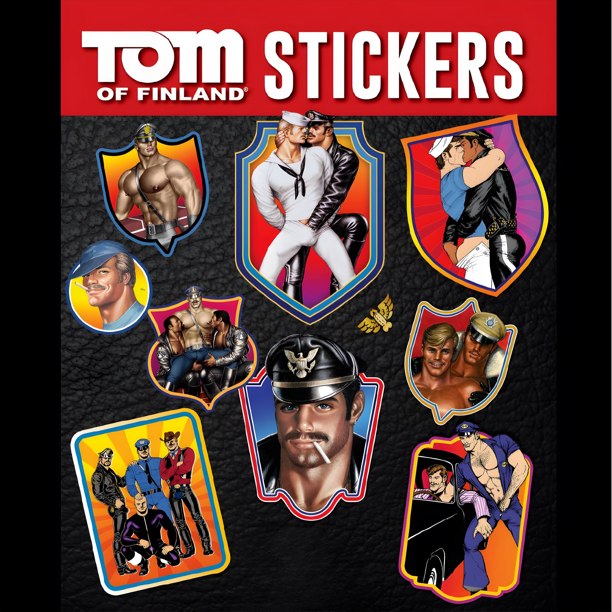Official Tom of Finland sticker sheet featuring 12 individually die-cut stickers with iconic leather, sailor, police, and classic LGBTQ+ artwork.