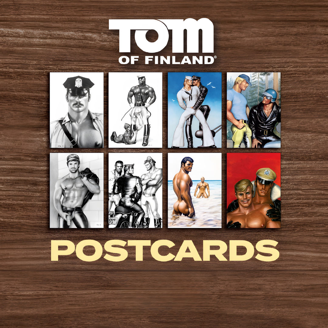 Official Tom of Finland postcard collection featuring eight museum-quality reproductions of the artist's iconic LGBTQ+ illustrations.