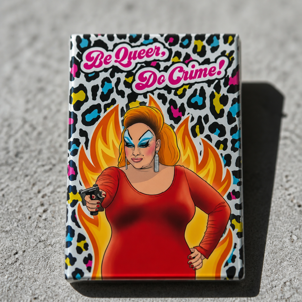 Be Queer Do Crime magnet featuring a drag queen surrounded by flames and colorful leopard print displayed on a concrete surface