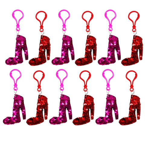 Sparkly plush high heel bag charm with reversible flip sequins and plastic clip attachment
