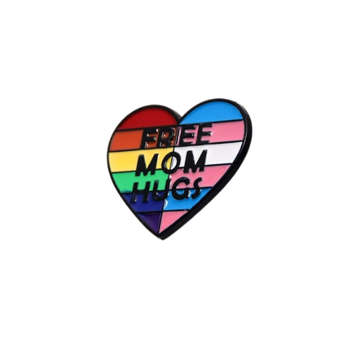 Heart-shaped Free Mom Hugs enamel pin with rainbow and trans pride flag colors