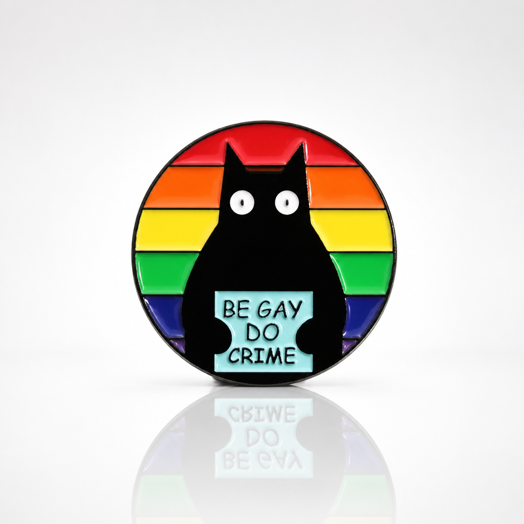 Be Gay Do Crime enamel pin featuring black cat mugshot against rainbow Pride background
