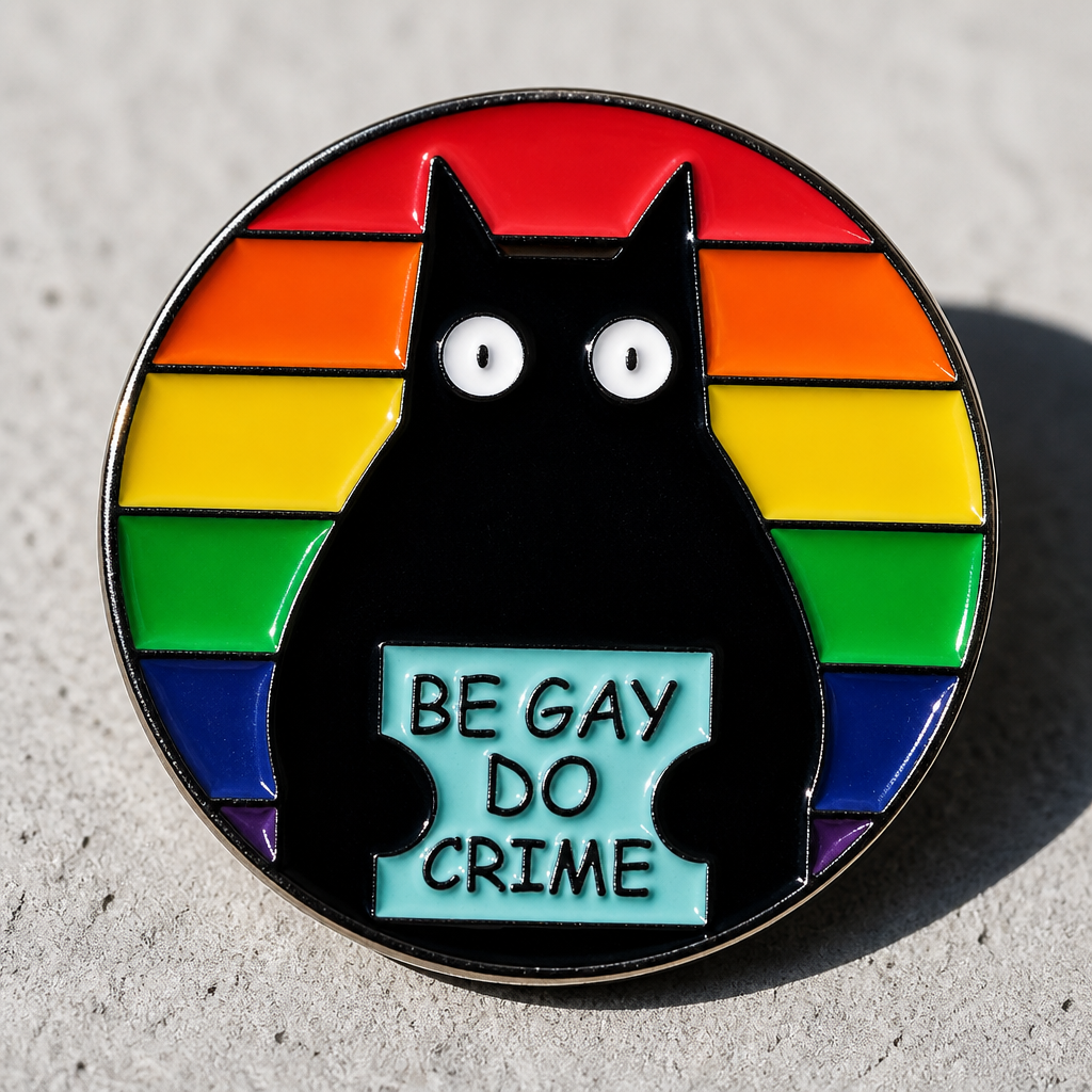 Be Gay Do Crime enamel pin featuring black cat mugshot against rainbow Pride background on a concrete surface