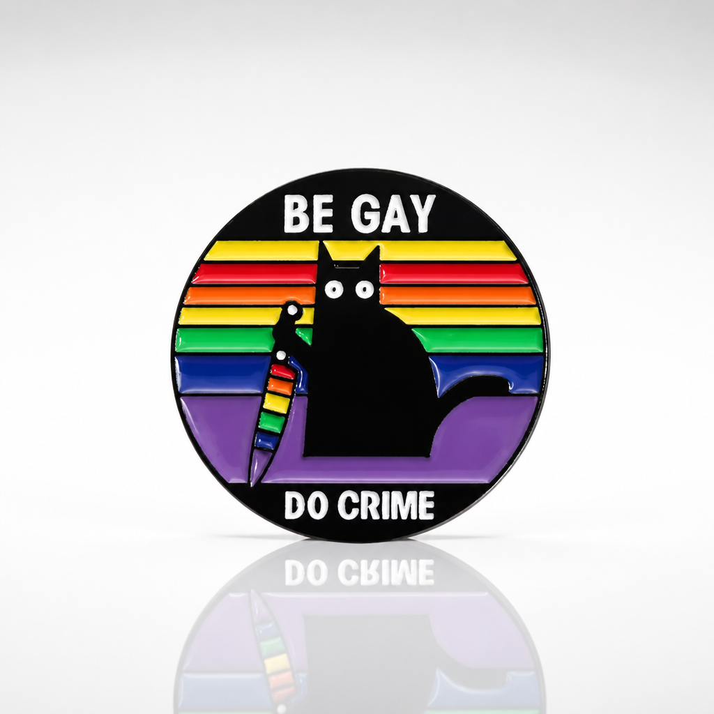Be Gay Do Crime enamel pin featuring black cat holding rainbow knife with rainbow LGBTQ colors