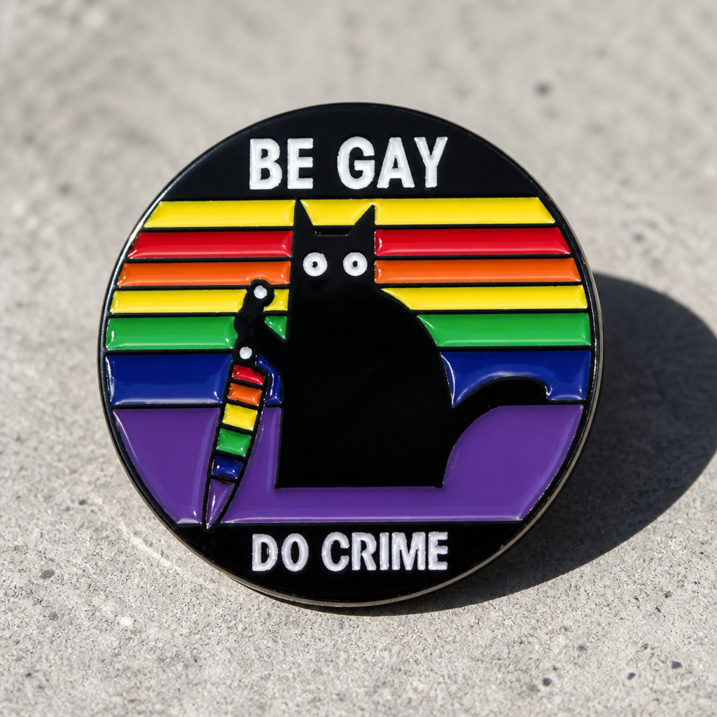 Be Gay Do Crime enamel pin featuring black cat holding rainbow knife with rainbow LGBTQ colors on a concrete surface
