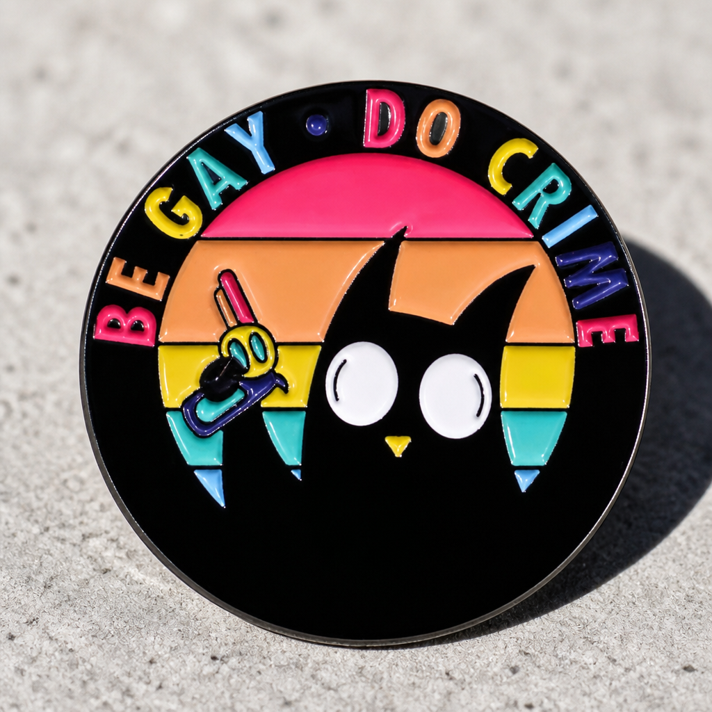 Be Gay Do Crime enamel pin featuring black cat holding rainbow gun with LGBTQ Pride colors on a concrete surface