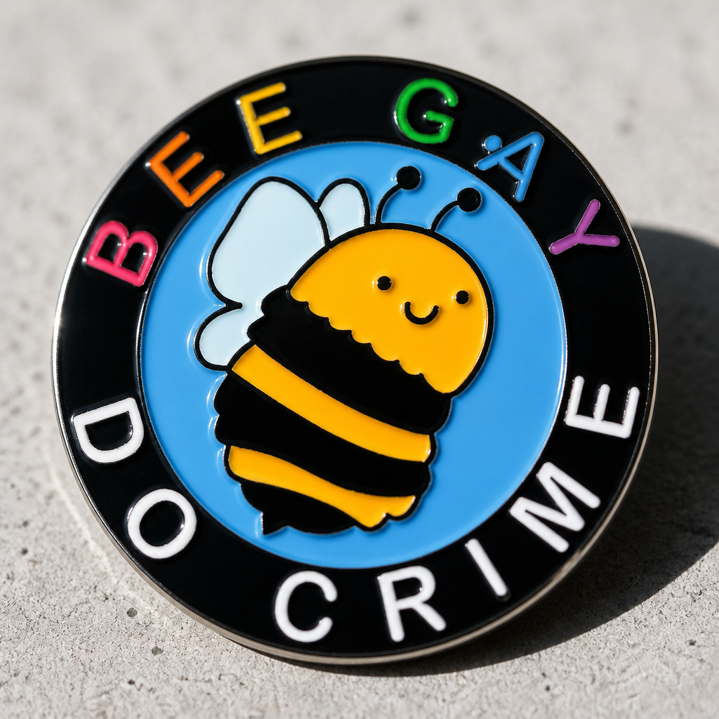 Be Gay Do Crime enamel pin featuring cute bumble bee with colorful queer styling on a concrete surface