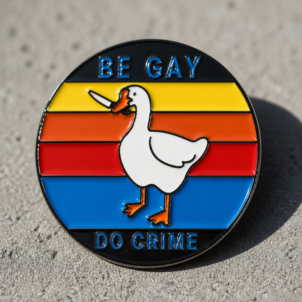 Be Gay Do Crime enamel pin featuring duck carrying knife with rainbow queer styling on a concrete surface