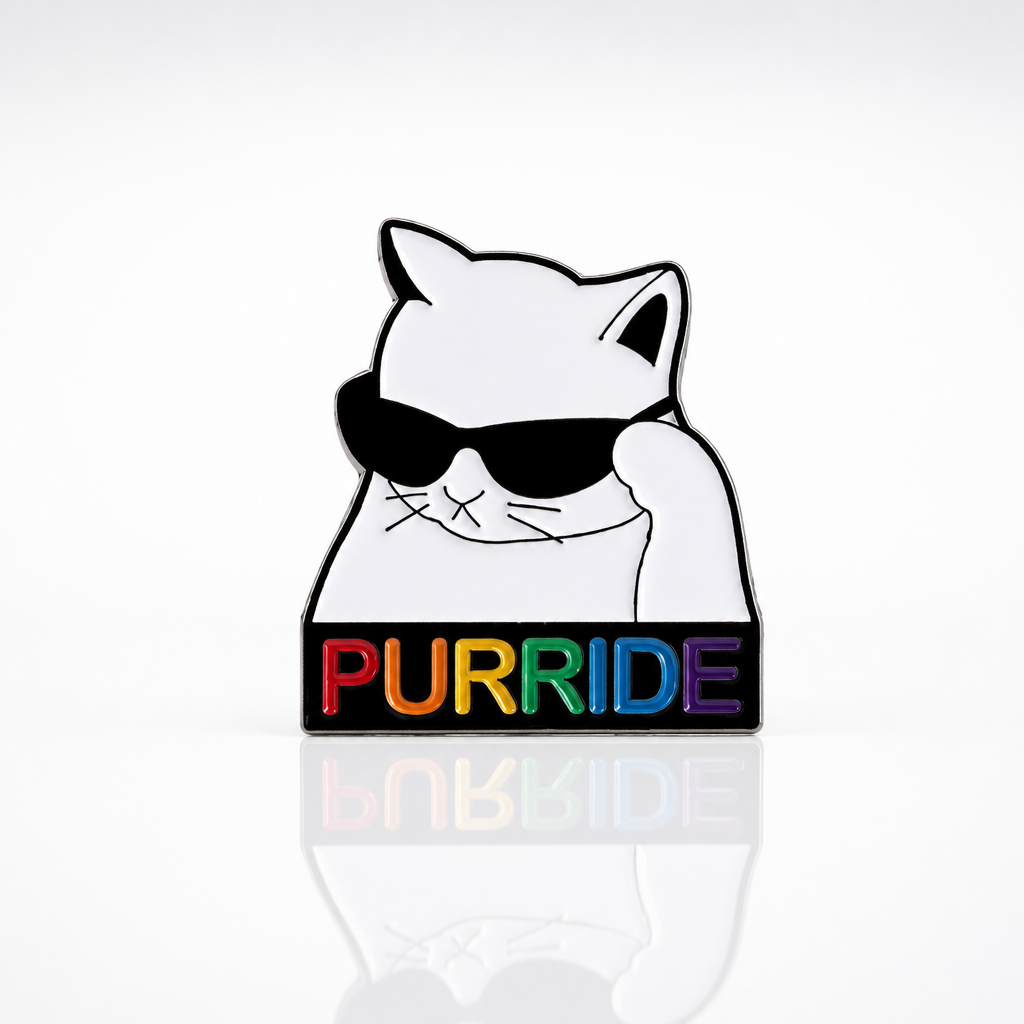 Purride Cat enamel pin featuring white cat with sunglasses and rainbow Pride lettering
