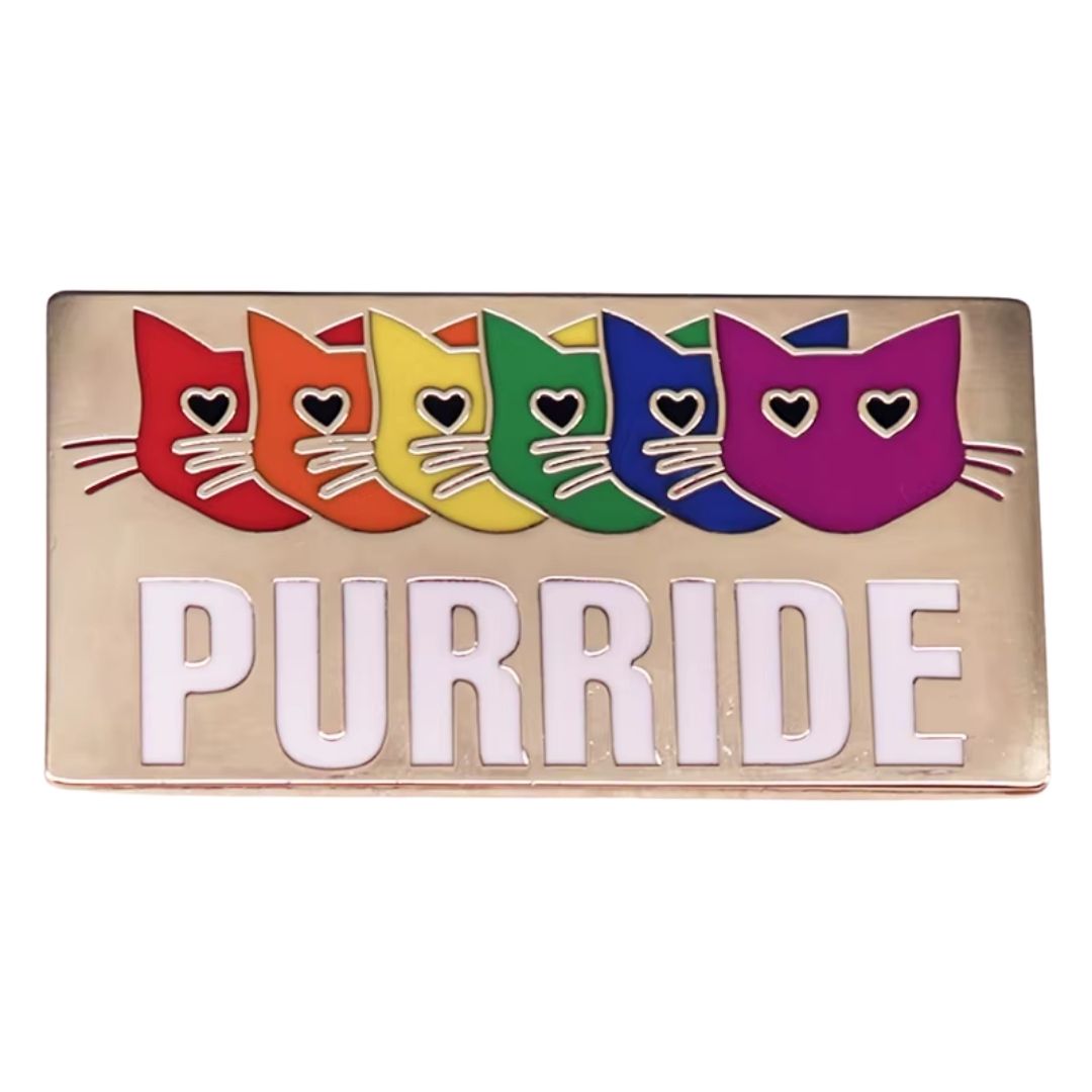 Purride enamel pin featuring six rainbow-colored cats and Pride-inspired design