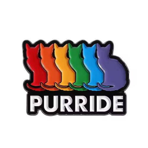 Purride Cats enamel pin featuring six rainbow-colored cat silhouettes in Pride colors