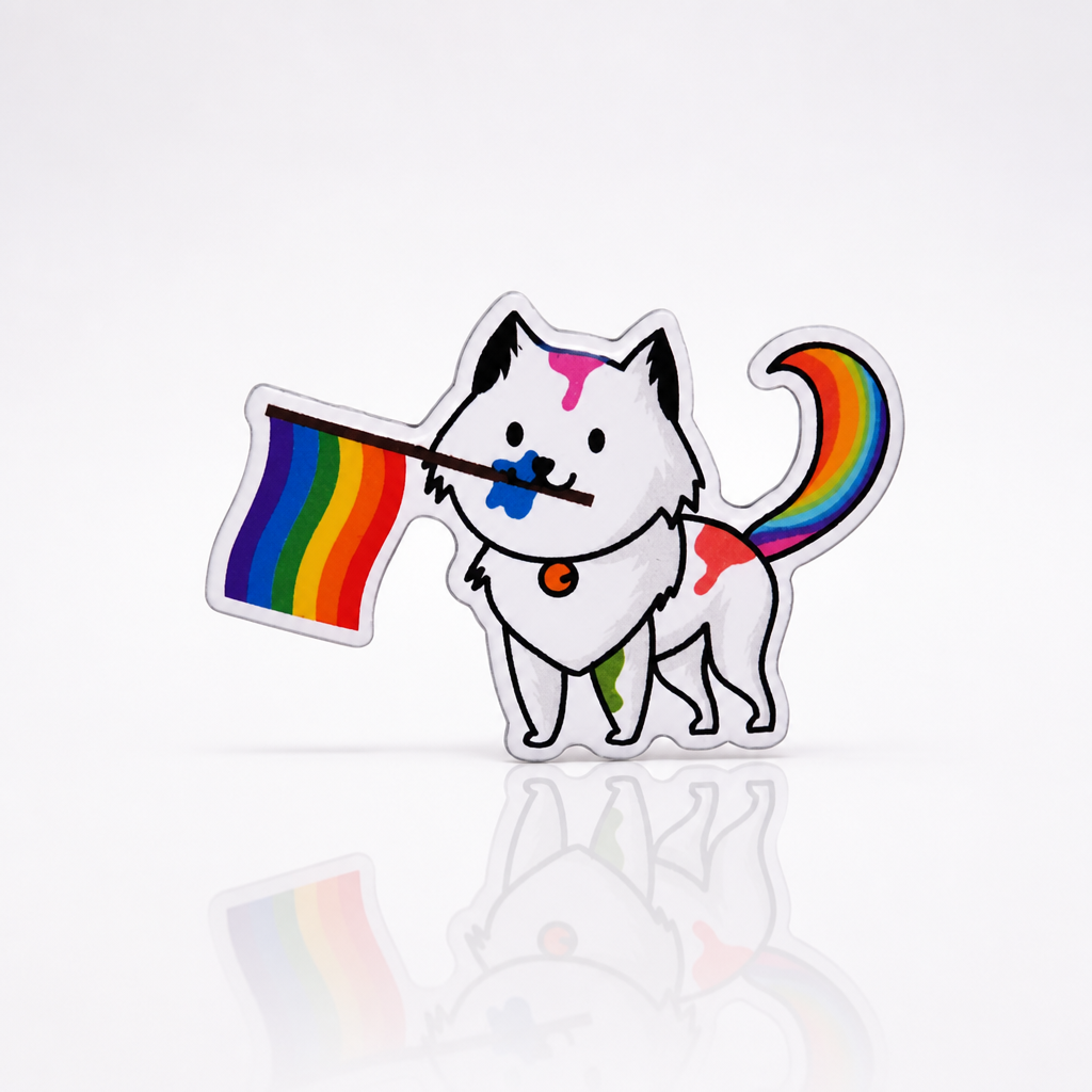 White rainbow pride cat enamel pin holding LGBTQ rainbow flag with colorful rainbow tail