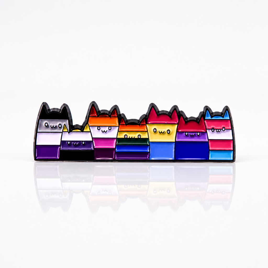 Long enamel pin featuring seven cats in different LGBTQ Pride flag colors