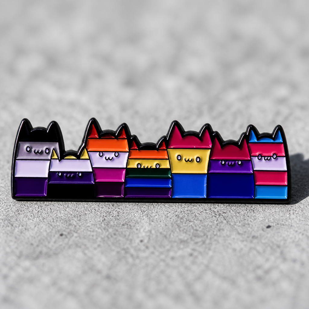 Long enamel pin featuring seven cats in different LGBTQ Pride flag colors on a concrete surface