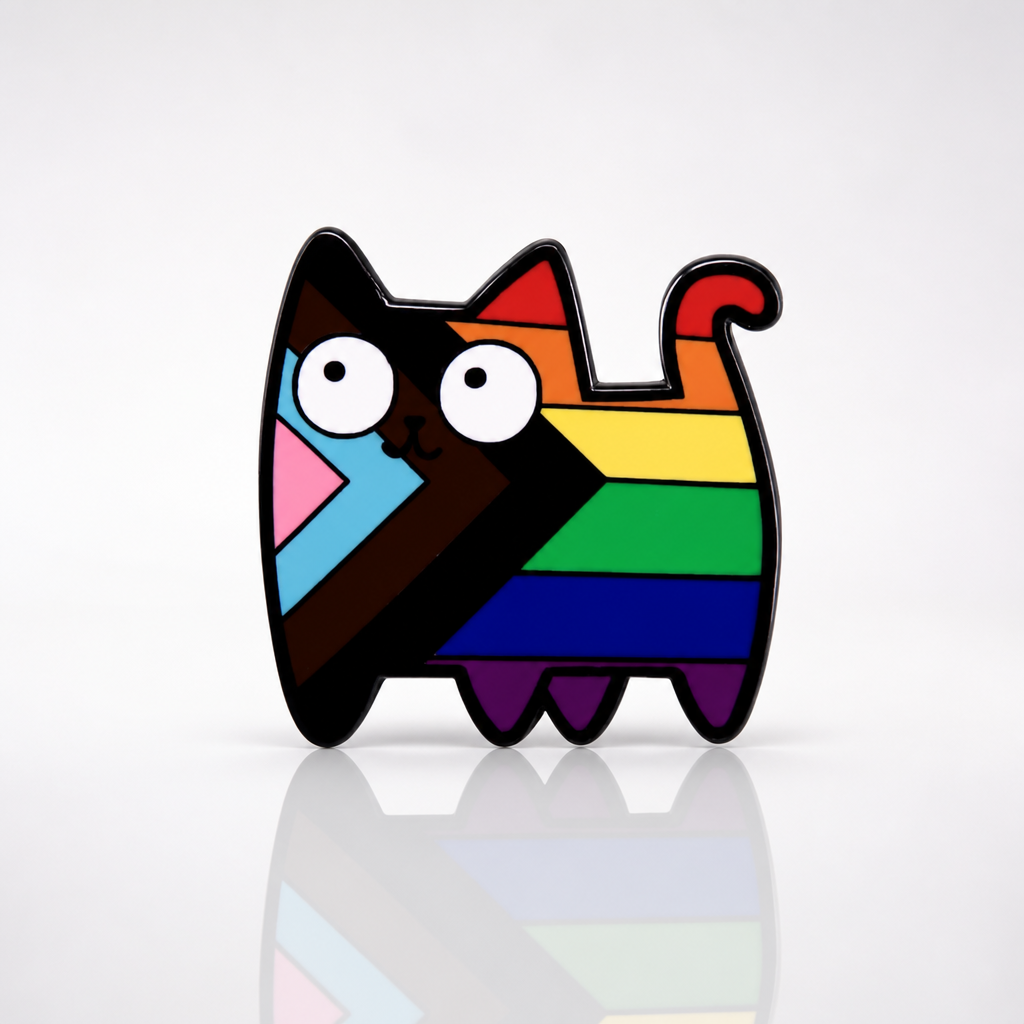 Progress Pride mosaic cat enamel pin featuring rainbow geometric kitty design with oversized eyes