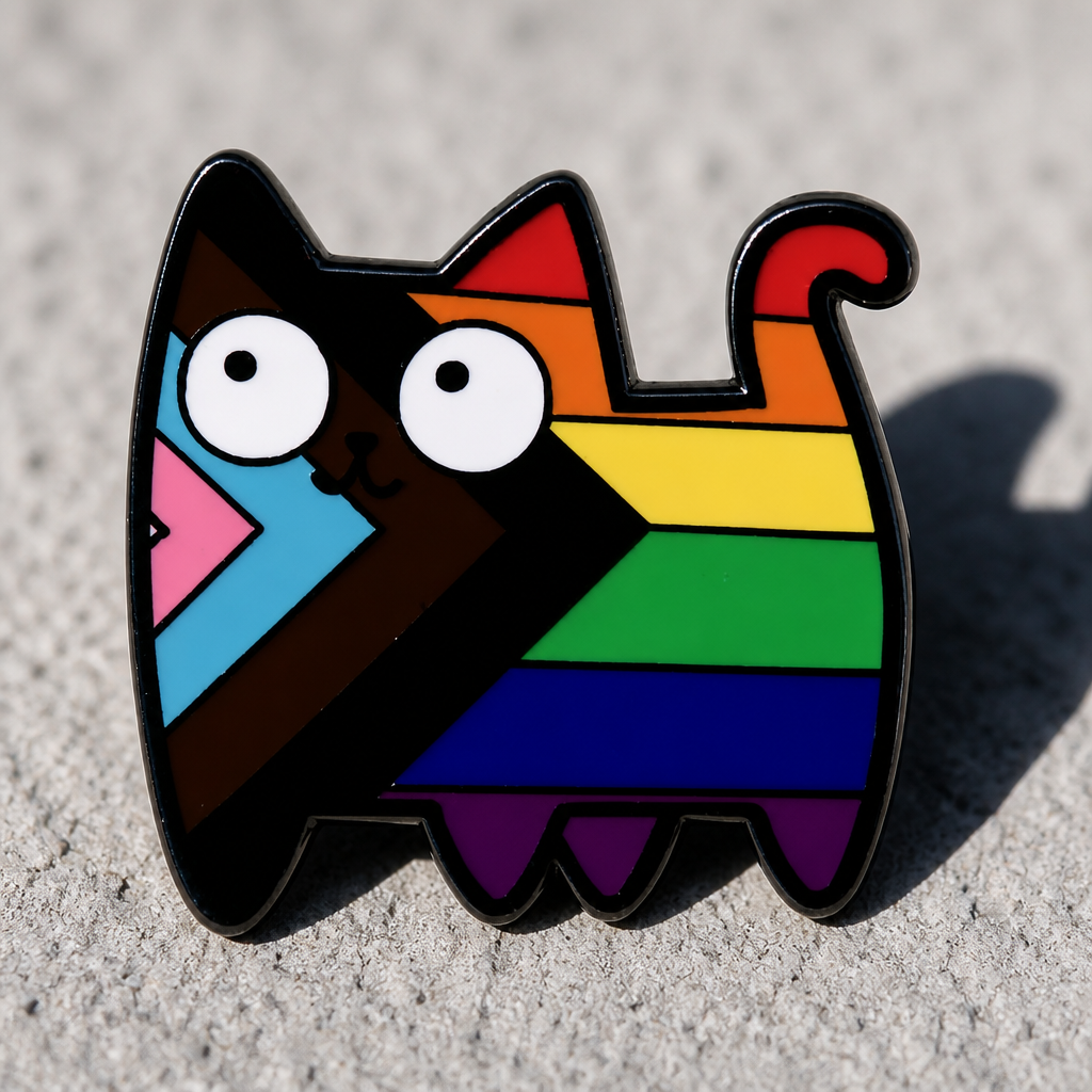Progress Pride mosaic cat enamel pin featuring rainbow geometric kitty design with oversized eyes on a concrete surface