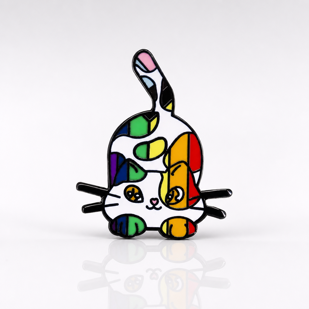 Rainbow Calico Cat enamel pin featuring colorful LGBTQ Pride-inspired patchwork kitty design