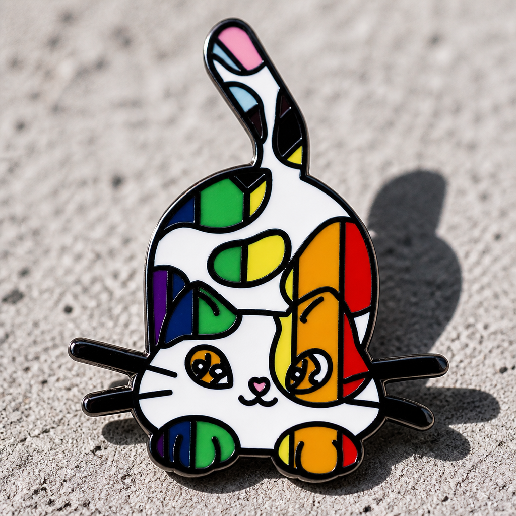 Rainbow Calico Cat enamel pin featuring colorful LGBTQ Pride-inspired patchwork kitty design on a concrete surface