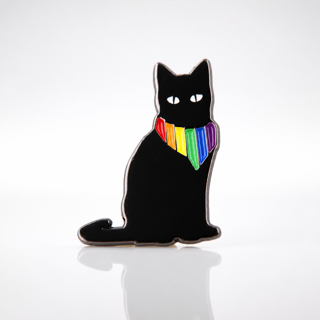 Black cat enamel pin wearing rainbow Pride kerchief scarf