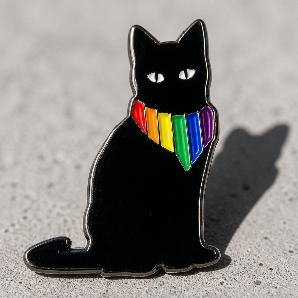 Black cat enamel pin wearing rainbow Pride kerchief scarf on a concrete surface