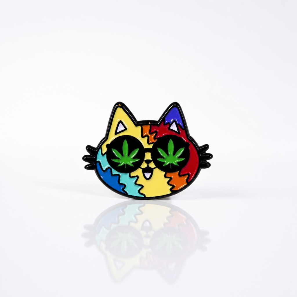Rainbow Stoner Kitty enamel pin featuring colorful cat face with cannabis leaf eyes