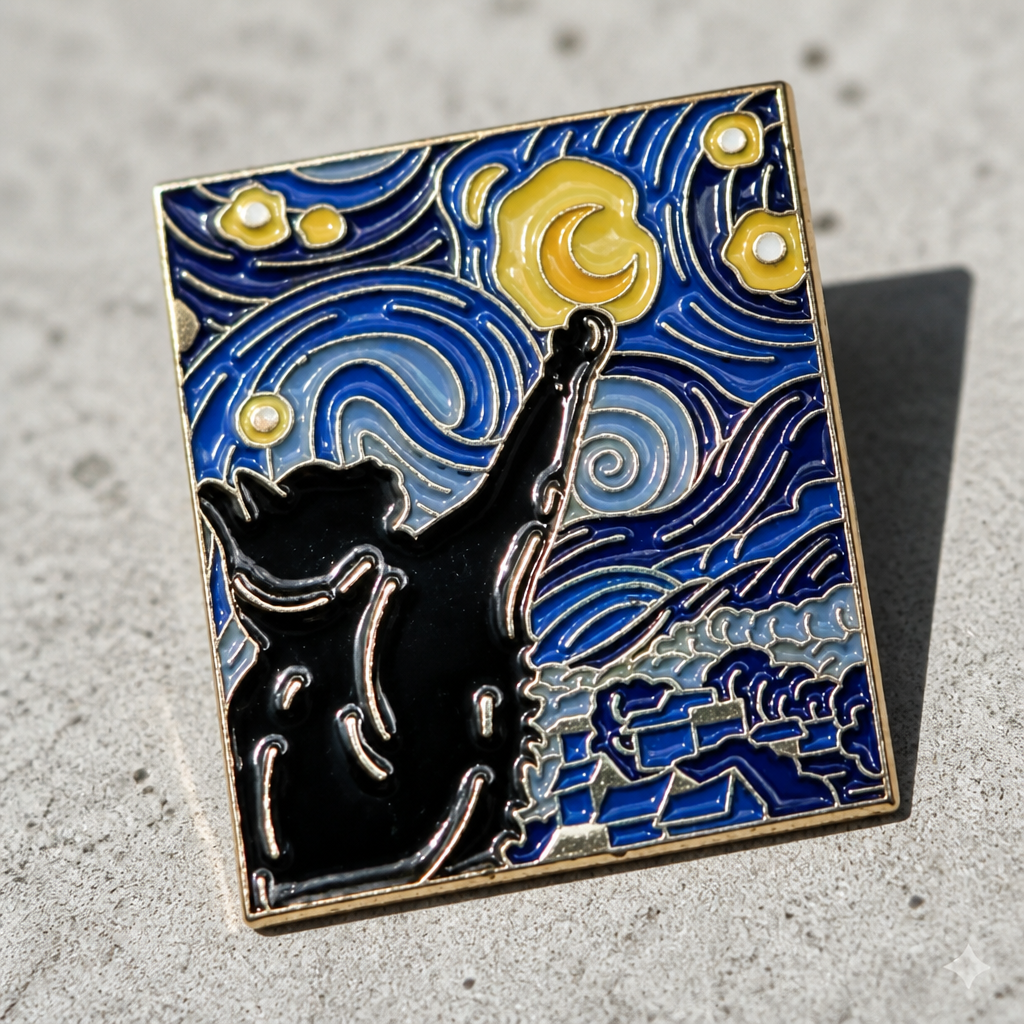 Van Gogh-inspired hard enamel pin featuring a black cat reaching toward the moon beneath a swirling blue night sky, on a concrete surface