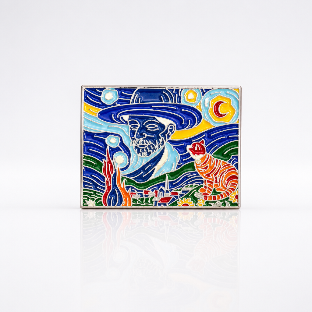 Van Gogh-inspired hard enamel pin featuring the artist alongside a ginger cat beneath a swirling blue night sky.