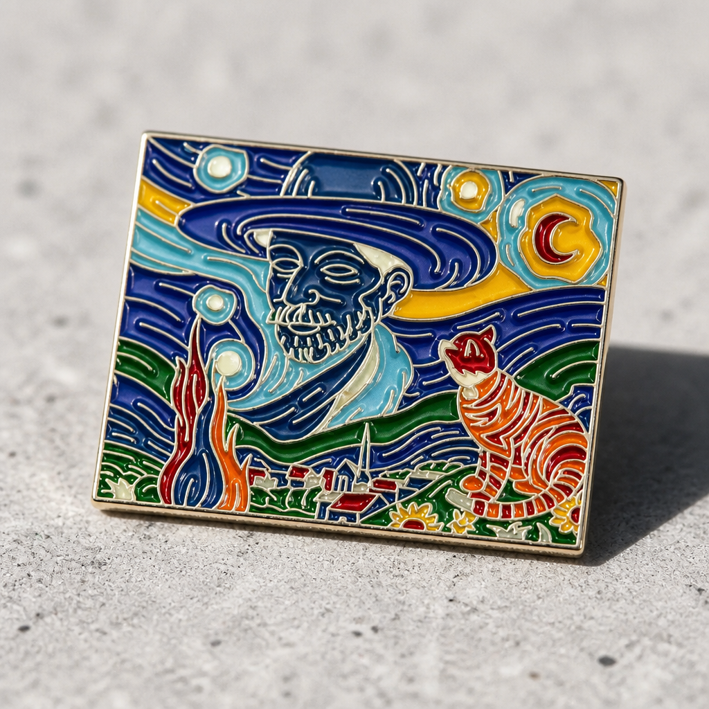 Van Gogh-inspired hard enamel pin featuring the artist alongside a ginger cat beneath a swirling blue night sky, on a concrete surface