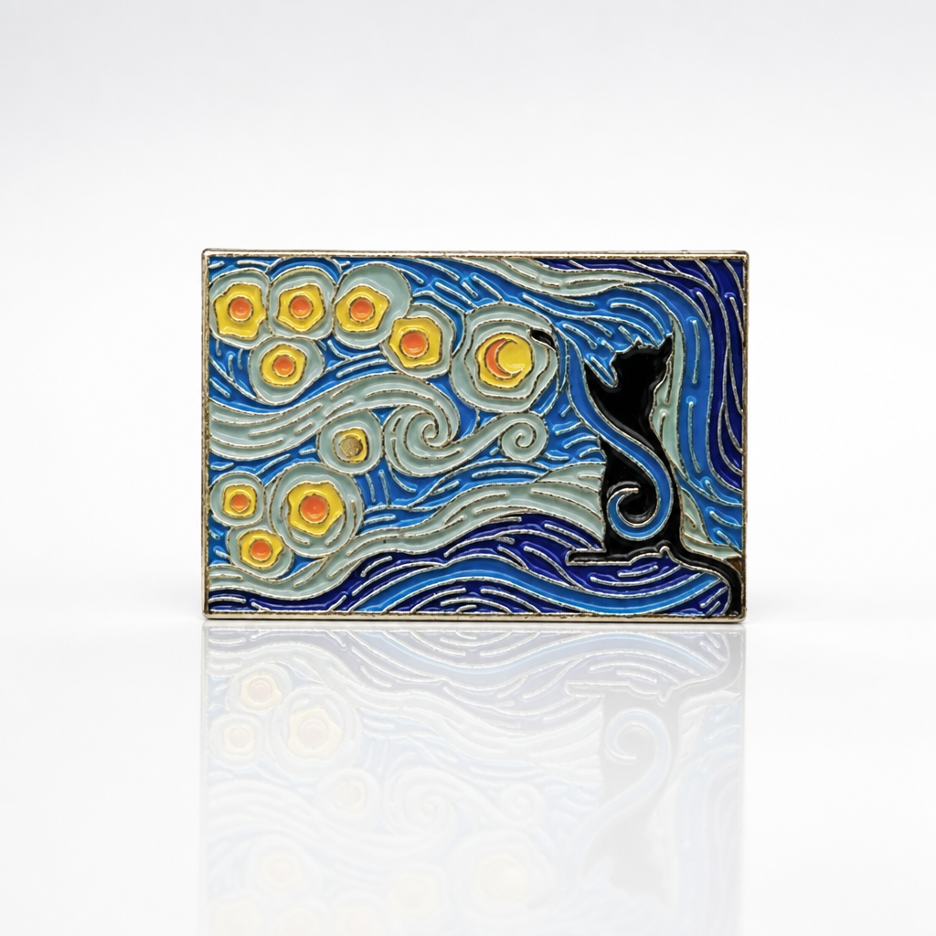 Van Gogh-inspired hard enamel pin featuring a black cat sitting beneath a swirling blue night sky filled with glowing stars.