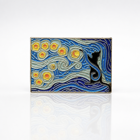 Van Gogh-inspired hard enamel pin featuring a black cat sitting beneath a swirling blue night sky filled with glowing stars.