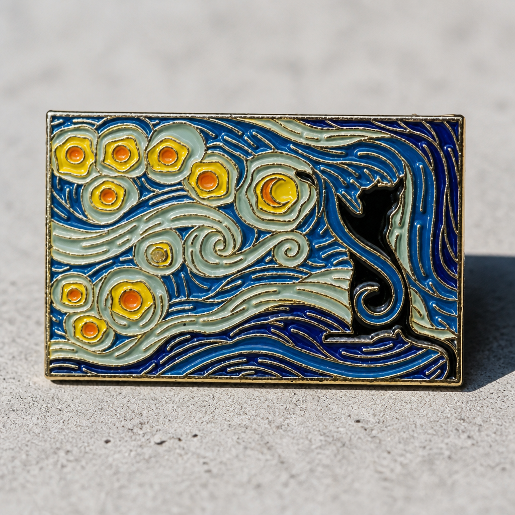 Van Gogh-inspired hard enamel pin featuring a black cat sitting beneath a swirling blue night sky filled with glowing stars, on a concrete surface