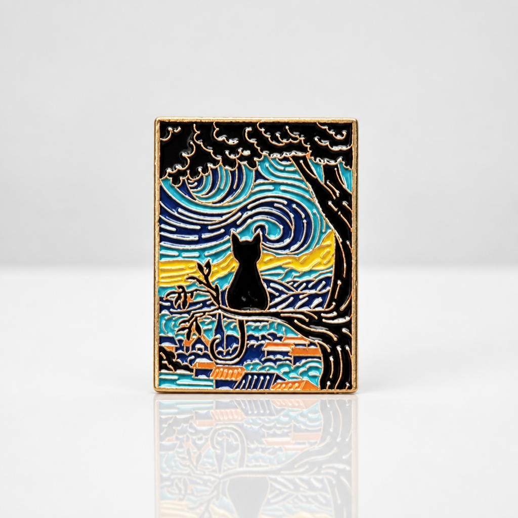 Van Gogh-inspired hard enamel pin featuring a black cat sitting on a tree branch overlooking a swirling blue nighttime landscape.